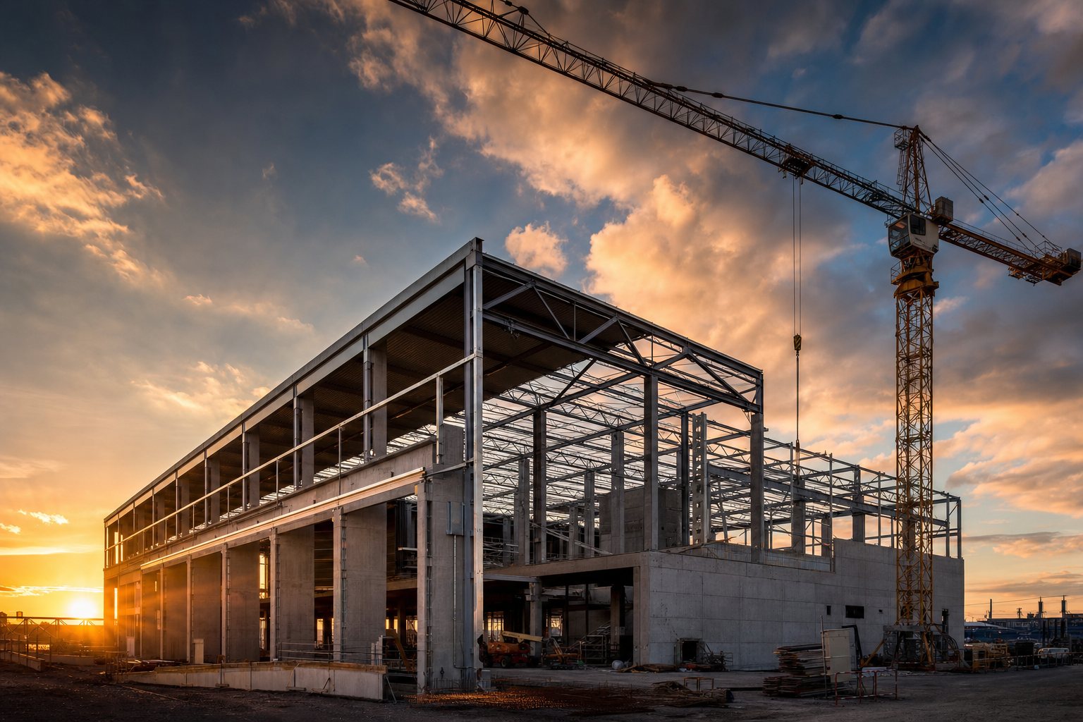 Obra en construcción al atardecer con grúa torre, estructura de acero y concreto